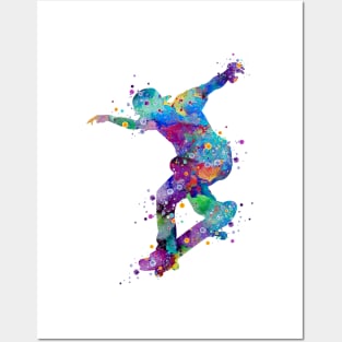 Boy Skateboard Colorful Watercolor Silhouette Posters and Art